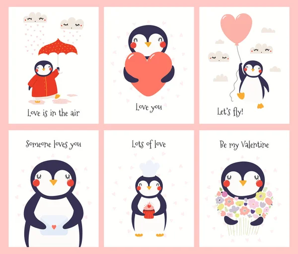 Set Hand Drawn Valentines Day Cards Cute Funny Penguins Hearts — Stok Vektör