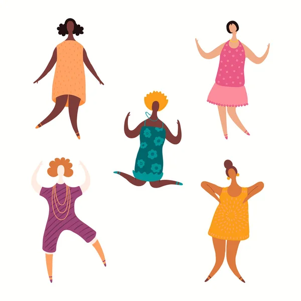 Conjunto Diversas Mujeres Bailarinas Aisladas Sobre Fondo Blanco Ilustración Vectorial — Archivo Imágenes Vectoriales