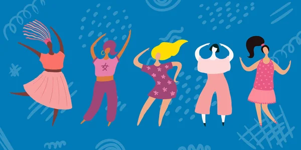 Conjunto Mujeres Bailando Diversas Felices Sobre Fondo Azul Ilustración Vectorial — Vector de stock