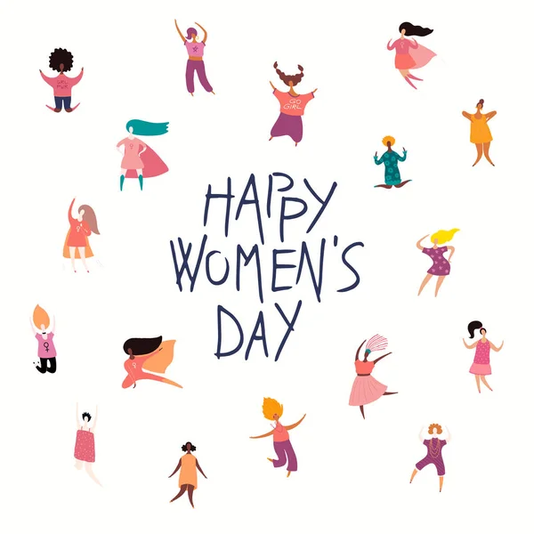 Happy Women Day Card Con Cita Diversas Mujeres Ilustración Vectorial — Vector de stock