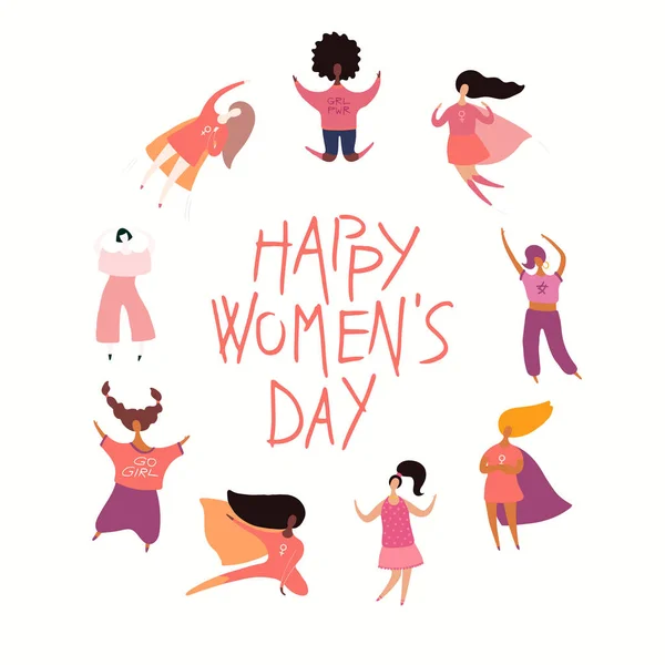 Счастливые Женщины День Карты Цитатой Различных Женщин Векторные Иллюстрации Концепция — стоковый вектор