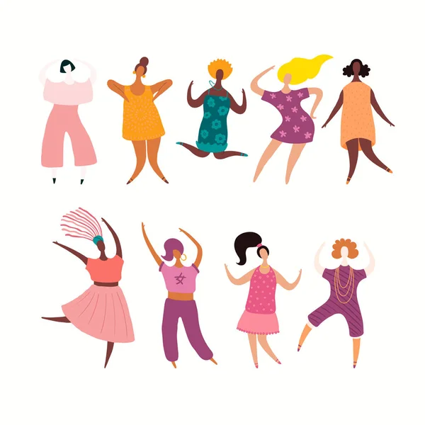 Conjunto Diversas Mujeres Danzantes Ilustración Vectorial Dibujada Mano Concepto Para — Archivo Imágenes Vectoriales