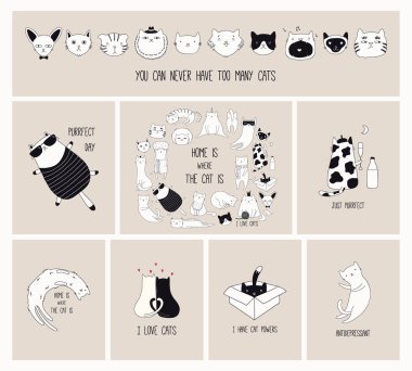 Dizi kartları ile kedi komik tırnak ile şirin tek renkli karalamalar için kedi aşık. El vektör çizim çekilmiş. Poster tasarım konsepti