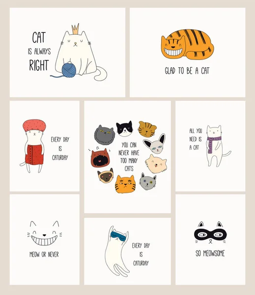 Conjunto Cartas Con Garabatos Colores Lindos Gatos Con Citas Divertidas — Vector de stock