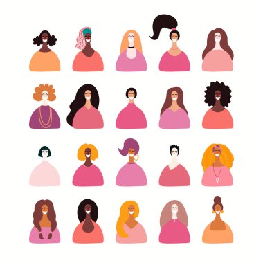 Çeşitli kadın portreler, elle çizilmiş vektör çizim, feminizm ve kadınlar günü için kavram kümesi 