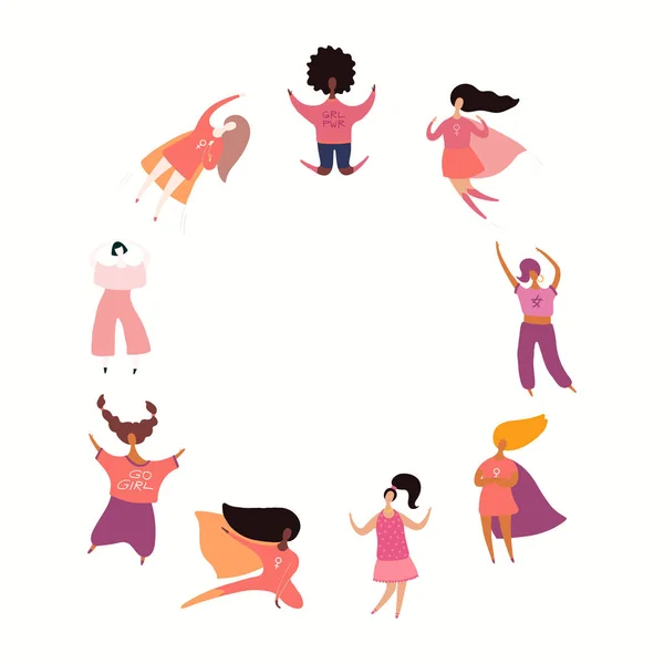 Marco Redondo Con Diversas Mujeres Bailando Saltando Superhéroes Ilustración Vectorial — Archivo Imágenes Vectoriales