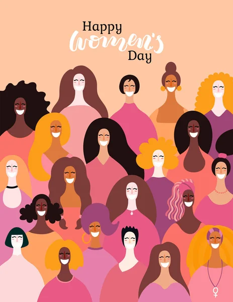 Happy Women Day Card Con Cita Diversas Mujeres Ilustración Vectorial — Vector de stock