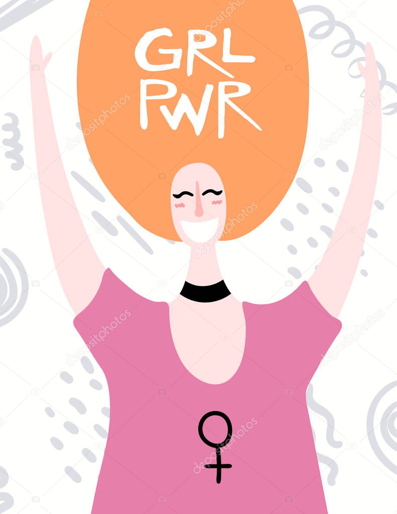 Women day card with quote Girl power and smiling woman portrait, Hand drawn vector illustration, Concept for feminism and women day     