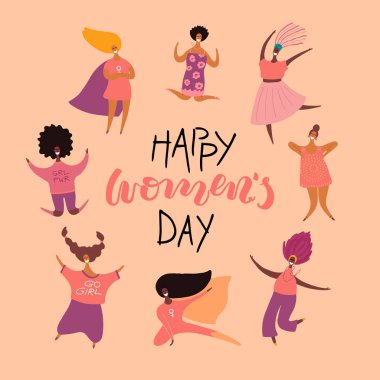 Mutlu kadınlar günü kartı feminizm kavramı ile teklif ve çeşitli kadın, vektör çizim, 