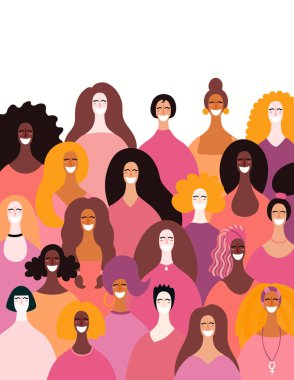 Çeşitli kadınların yüzleri arka plan, elle çizilmiş vektör çizim, feminizm ve kadınlar günü için kavramı 