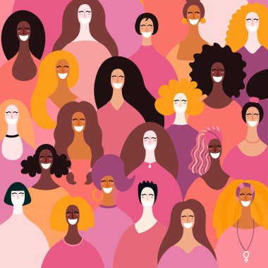 Çeşitli kadınların yüzleri arka plan, elle çizilmiş vektör çizim, feminizm ve kadınlar günü için kavramı 