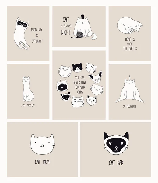 Aranyos Fekete Fehér Kártyákat Doodles Macskák Vicces Idézetek Macska Szerelmeseinek — Stock Vector
