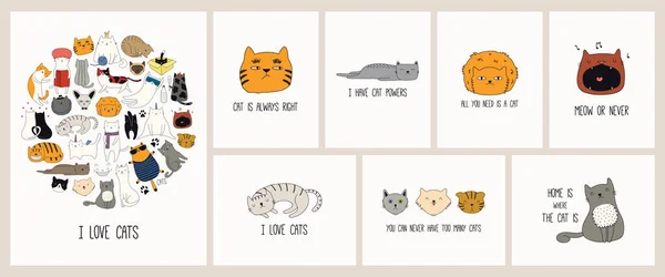 Set of cards with cute color doodles of cats with funny quotes for cat lovers. Hand drawn vector illustration.Design concept for poster