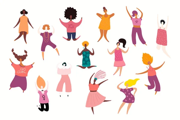 Big Set Diverse Dancing Women Hand Drawn Vector Illustration Concept — Stock Vector