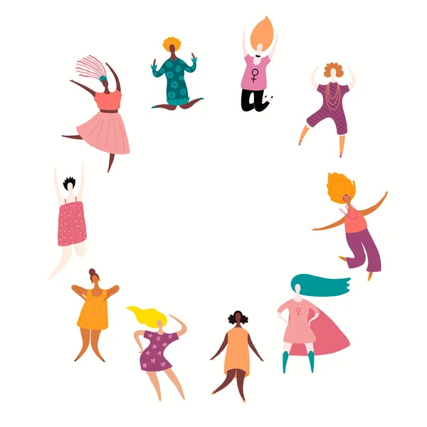 Ronde Frame Met Diverse Vrouwen Dansen Vector Springen Superhelden Illustratie — Stockvector