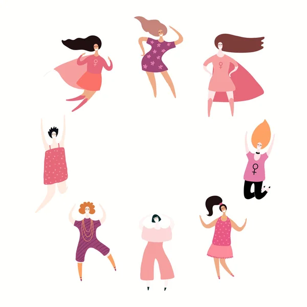 Marco Redondo Con Mujeres Bailando Saltando Superhéroes Ilustración Vectorial Concepto — Archivo Imágenes Vectoriales