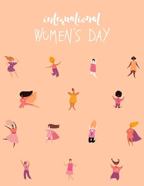 Tarjeta Del Día Internacional Mujer Con Citas Diversas Mujeres Ilustración — Vector de stock