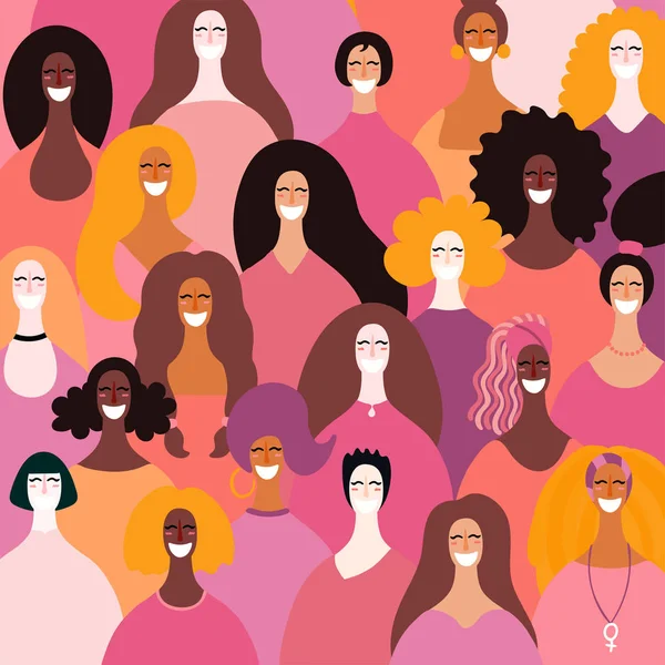 Різні Жіночі Обличчя Фон Намальовані Рукою Векторні Ілюстрації Концепція Фемінізму — стоковий вектор