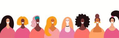 Kadınlar günü kartı çeşitli kadınlarla yüzler, elle çizilmiş vektör çizim, feminizm ve kadınlar günü için kavramı  