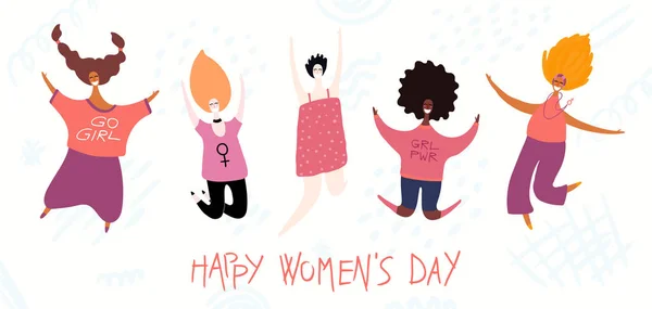 Happy Women Day Card Con Cita Diversas Mujeres Ilustración Vectorial — Vector de stock