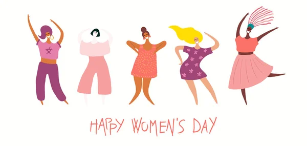 Happy Women Day Card Con Cita Diversas Mujeres Ilustración Vectorial — Vector de stock
