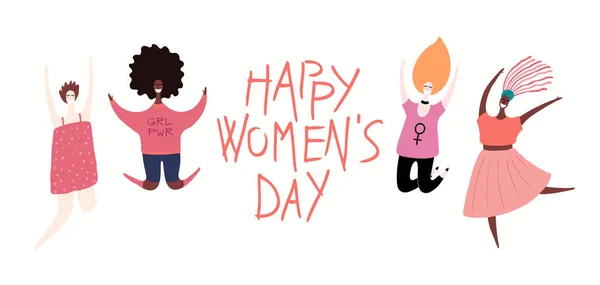 Happy Women Day Card Con Cita Diversas Mujeres Ilustración Vectorial — Vector de stock