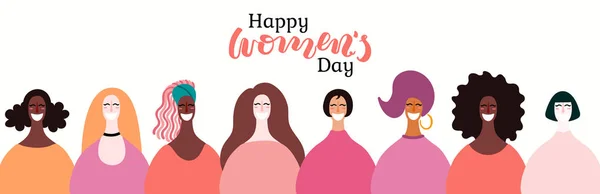 Happy Women Day Card Con Cita Diversas Mujeres Ilustración Vectorial — Vector de stock