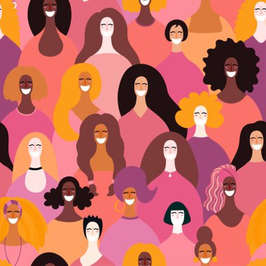 El Dikişsiz desen vektör çizim, feminizm ve kadınlar günü için konsept farklı kadınlar yüzlerle çekilmiş 