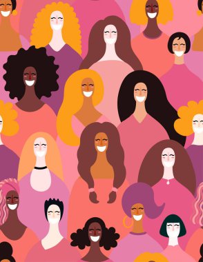 El Dikişsiz desen vektör çizim, feminizm ve kadınlar günü için konsept farklı kadınlar yüzlerle çekilmiş 