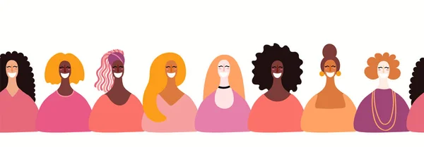 手書きのシームレスな多様な女性の顔を持つ水平境界線 ベクトル図 フェミニズムと女性の日のためのコンセプト — ストックベクタ