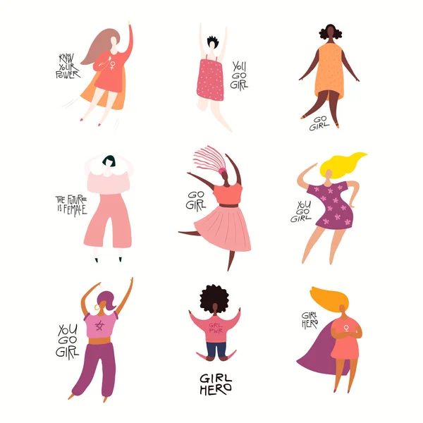 ガールパワー 手描きのベクトル図 フェミニズムと女性の日のための概念についての引用を持つ多様な女性のセット — ストックベクタ