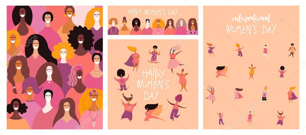 Set of women day cards with diverse women and lettering quotes, Hand drawn vector illustration, Concept for feminism 
