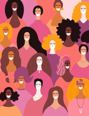 Çeşitli kadınların yüzleri arka plan, elle çizilmiş vektör çizim, feminizm ve kadınlar günü için kavramı 