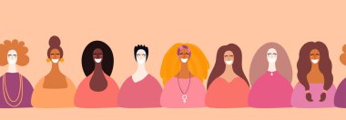 Elle çizilmiş kesintisiz yatay kenarlık farklı kadın yüzü olan. Vektör çizim. Feminizm ve kadınlar günü için kavramı 