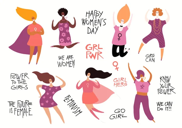 Conjunto Diversas Mujeres Con Citas Sobre Poder Las Niñas Ilustración — Vector de stock