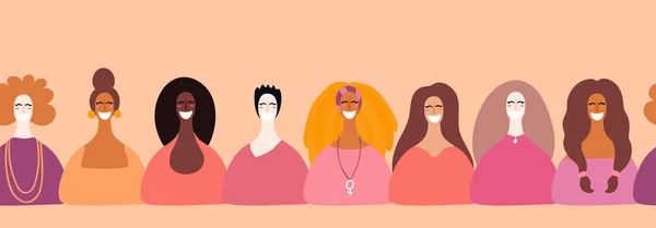 Borde Horizontal Sin Costuras Dibujado Mano Con Diversas Caras Mujeres — Archivo Imágenes Vectoriales