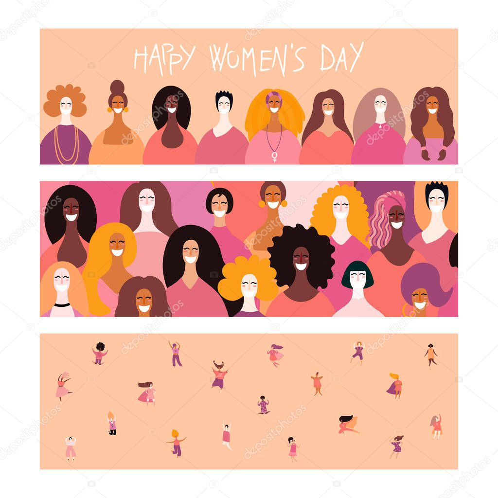 Set of women day banners with diverse women and lettering quotes, Hand drawn vector illustration, Concept for feminism 