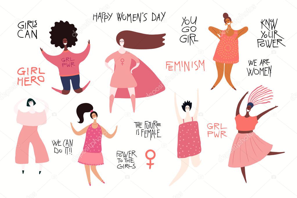 Set of diverse women with quotes about girl power, Hand drawn vector illustration, Concept for feminism and women day 