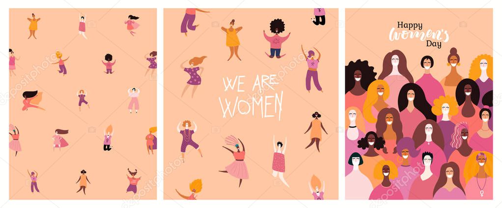 Set of women day cards with diverse women and lettering quotes. Hand drawn vector illustration 
