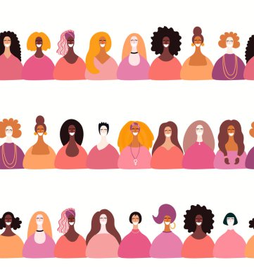 Çeşitli kadınlarla elle çizilmiş sorunsuz kenarlık kümesi. Vektör çizim. Feminizm ve kadınlar günü için kavramı 