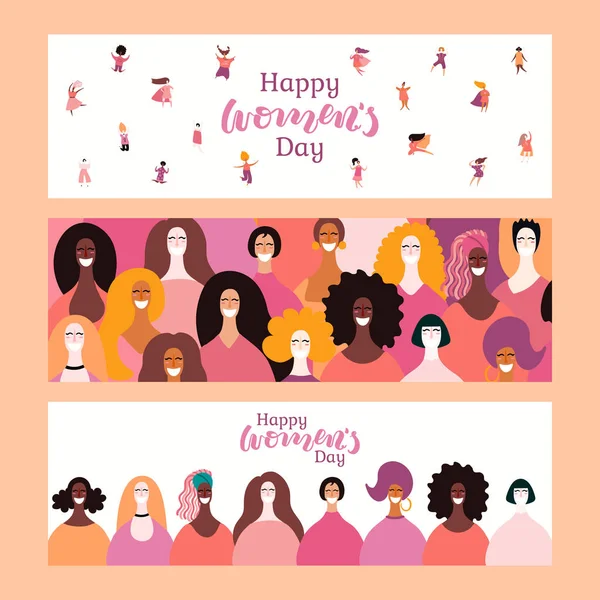 Set Women Day Banners Diverse Women Lettering Quotes Hand Drawn — Stock Vector