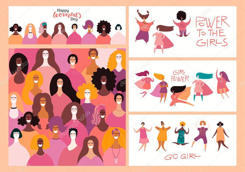 Set of women day cards with diverse women and lettering quotes. Hand drawn vector illustration. .Concept for feminism 