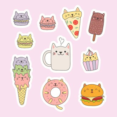 Kawaii çıkartmaları gıdalar ile kedi kulakları, macarons, pizza, hamburger, dondurma, kek, çörek, kahve ile kümesi. El vektör çizim çekilmiş. Tasarım kavramı çocuklar yazdırma.