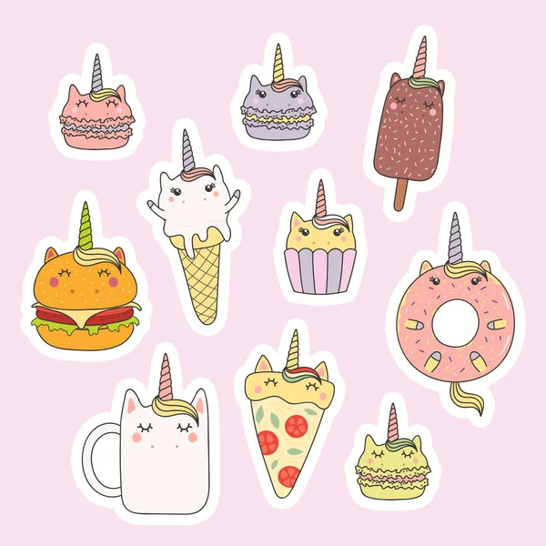 Set Kawaii Stickers Met Voedingsmiddelen Met Unicorn Horn Oren Macarons — Stockvector