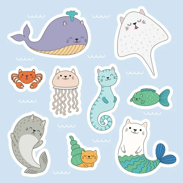 Set Kawaii Stickers Sea Animals Cat Ears Mermaid Jellyfish Crab — Stock Vector