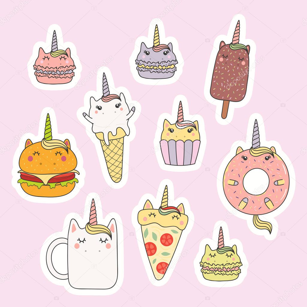 Set of kawaii stickers with foods with unicorn horn, ears, macarons, pizza, burger, ice cream, cupcake,, coffee. Hand drawn vector illustration. Design concept kids print