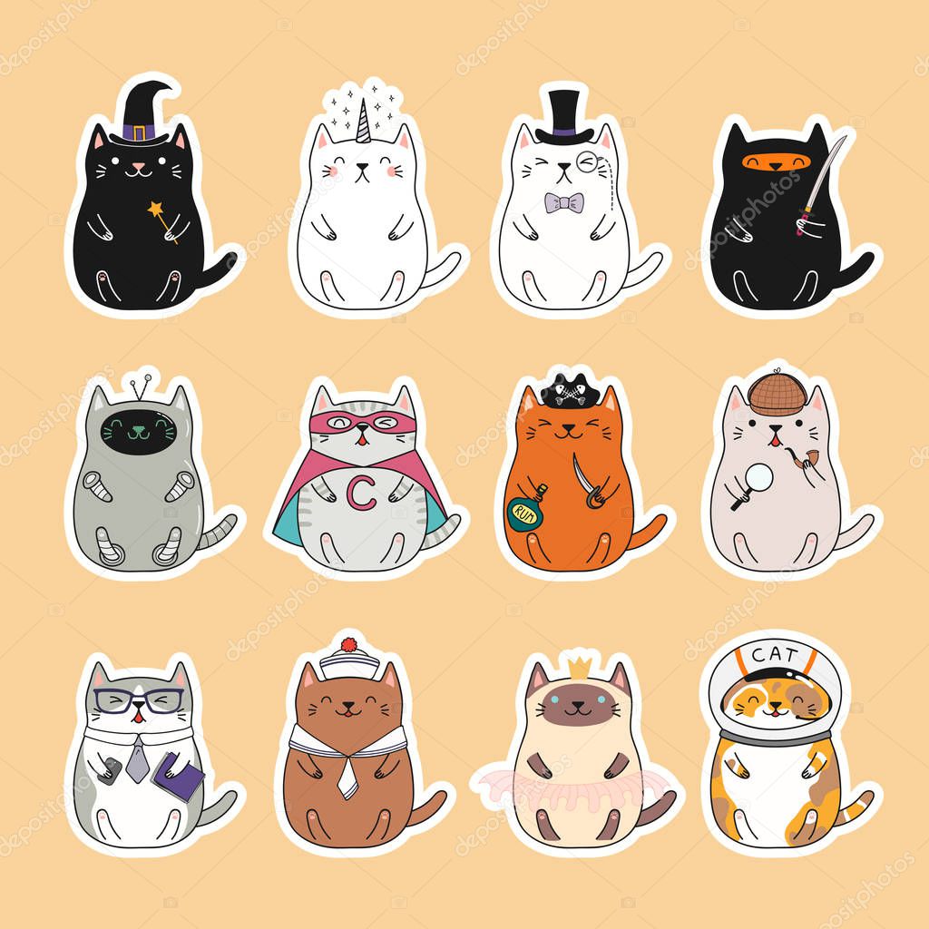 Set of kawaii stickers with fat cats, unicorn, sailor, pirate, witch, princess, superhero, astronaut, detective, ninja.Hand drawn vector illustration Design concept kids print