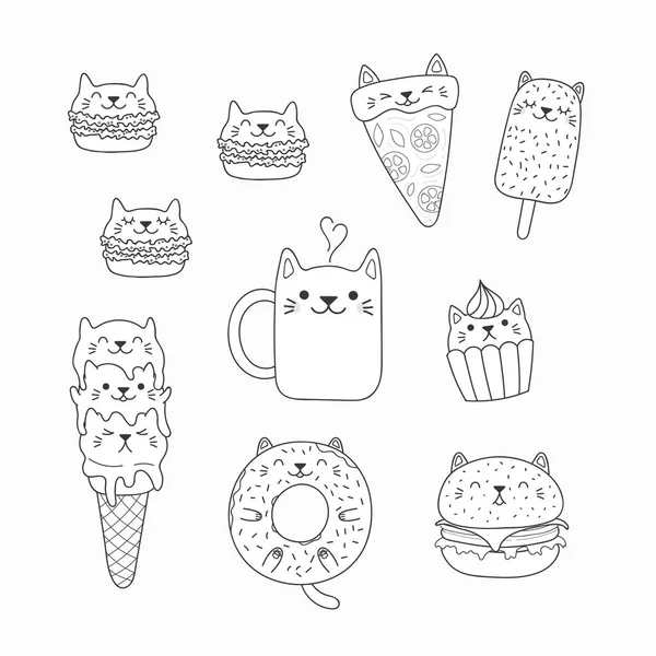 Conjunto Doodles Kawaii Alimentos Com Orelhas Gato Macarons Pizza Hambúrguer —  Vetores de Stock