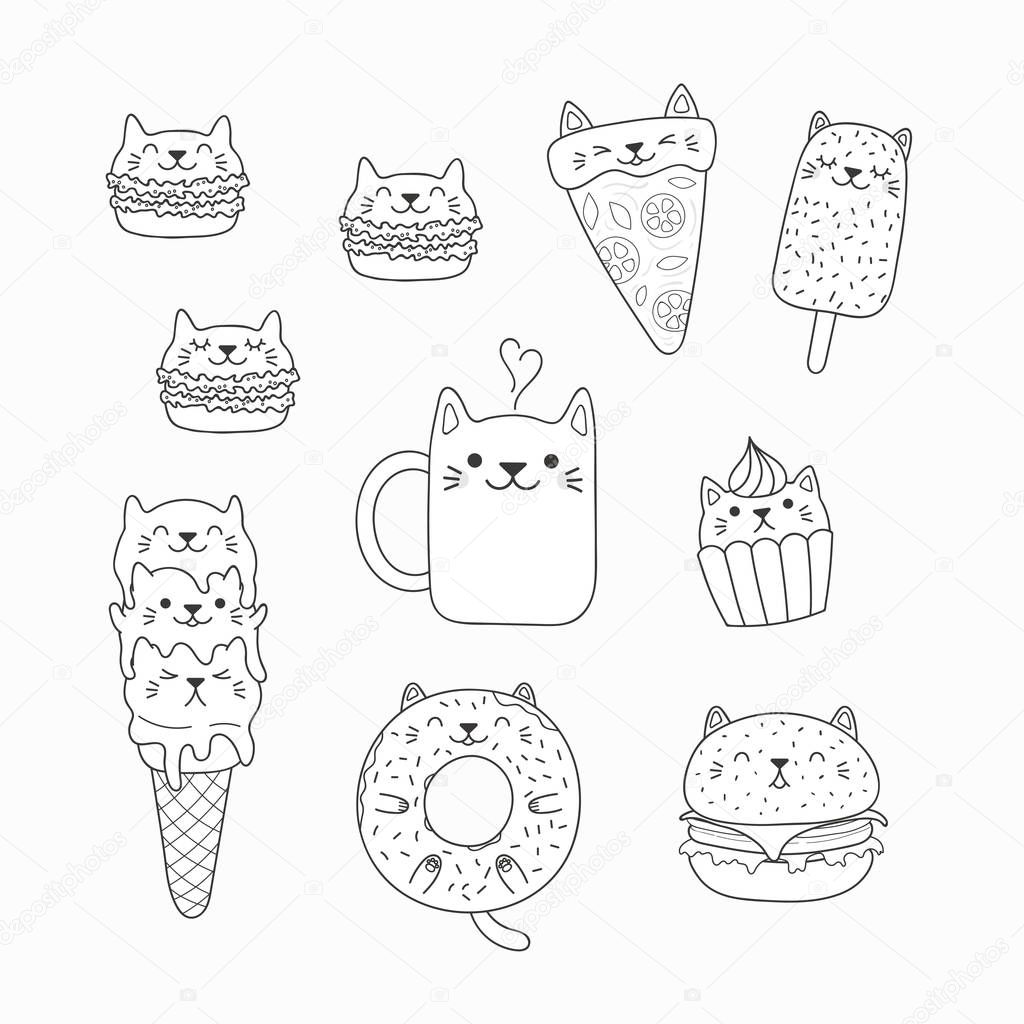 Set of kawaii doodles of foods with cat ears, macarons, pizza, burger, ice cream, donut, coffee. Hand drawn vector illustration. Line drawing. Design concept coloring pages for kids.