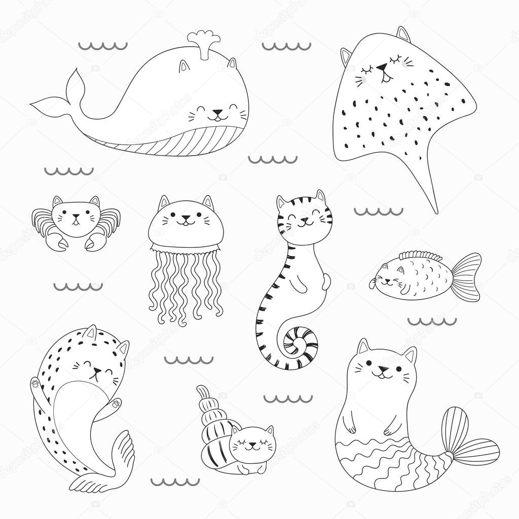 Set of kawaii doodles of sea animals with cat ears, mermaid, jellyfish, ray, whale, fish, seal. Hand drawn vector illustration. Line drawing. Design concept coloring pages for kids.